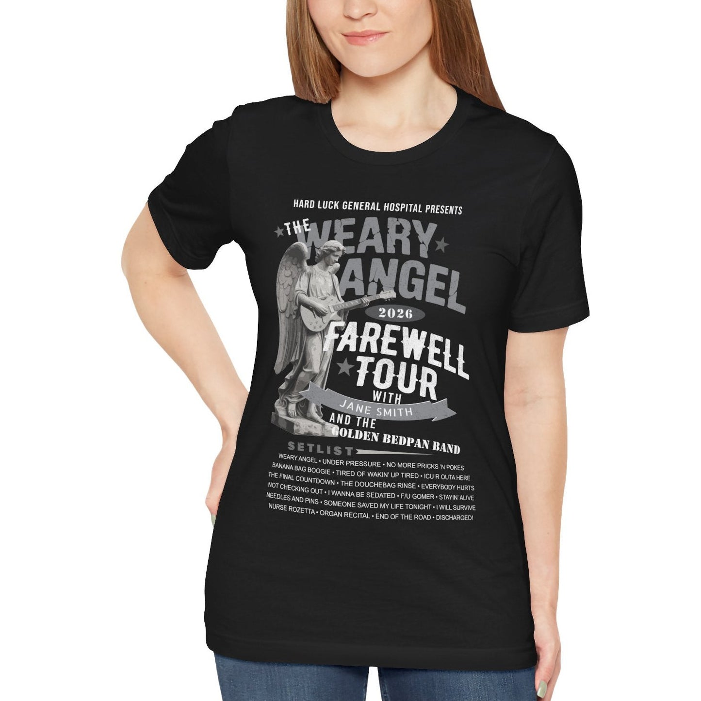 Personalized Nurse Retirement FAREWELL TOUR T-Shirt, Weary Angel Funny Rock-themed Music Fan Gift, Custom Shirt for Health Care Retiree AnywherePOD