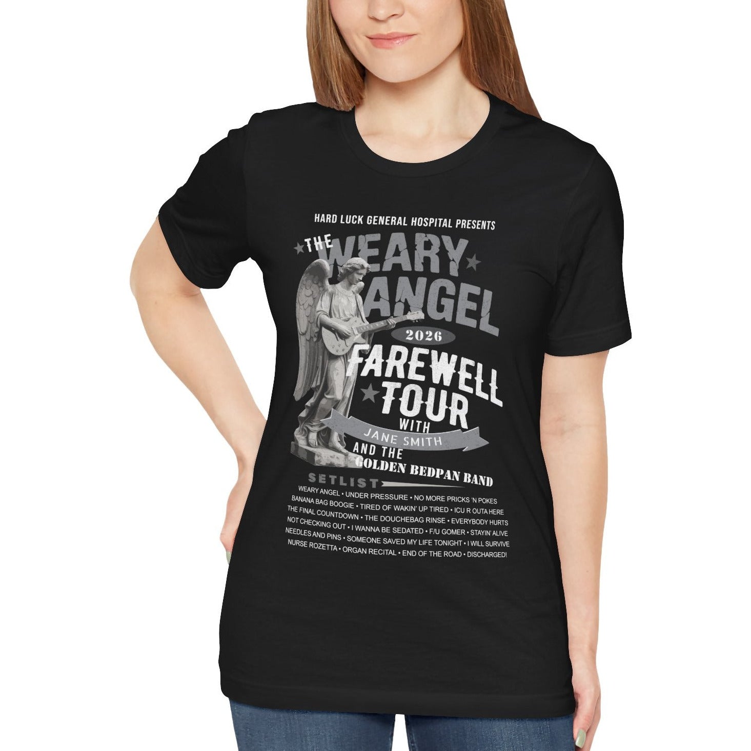 Personalized Nurse Retirement FAREWELL TOUR T-Shirt, Weary Angel Funny Rock-themed Music Fan Gift, Custom Shirt for Health Care Retiree AnywherePOD