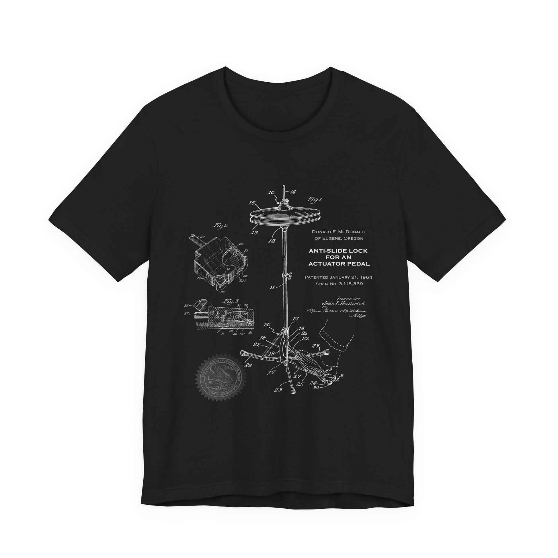 Black t-shirt with technical diagram design on a white background