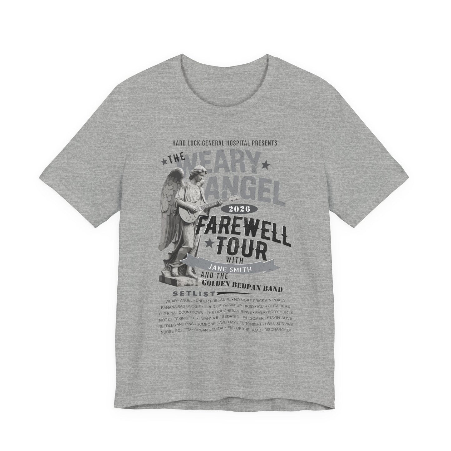 Personalized Nurse Retirement FAREWELL TOUR T-Shirt, Weary Angel Funny Rock-themed Music Fan Gift, Custom Shirt for Health Care Retiree AnywherePOD