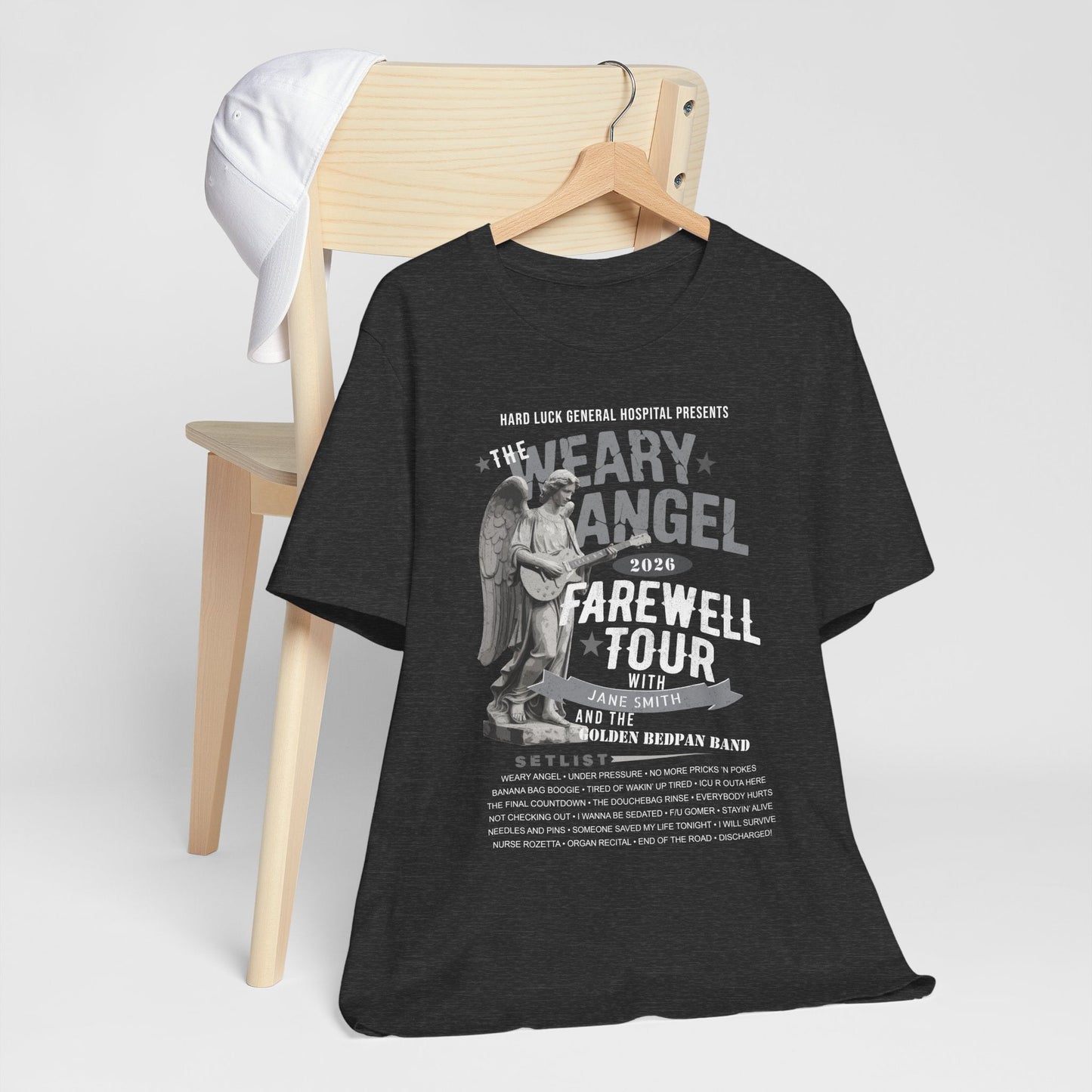 Personalized Nurse Retirement FAREWELL TOUR T-Shirt, Weary Angel Funny Rock-themed Music Fan Gift, Custom Shirt for Health Care Retiree AnywherePOD