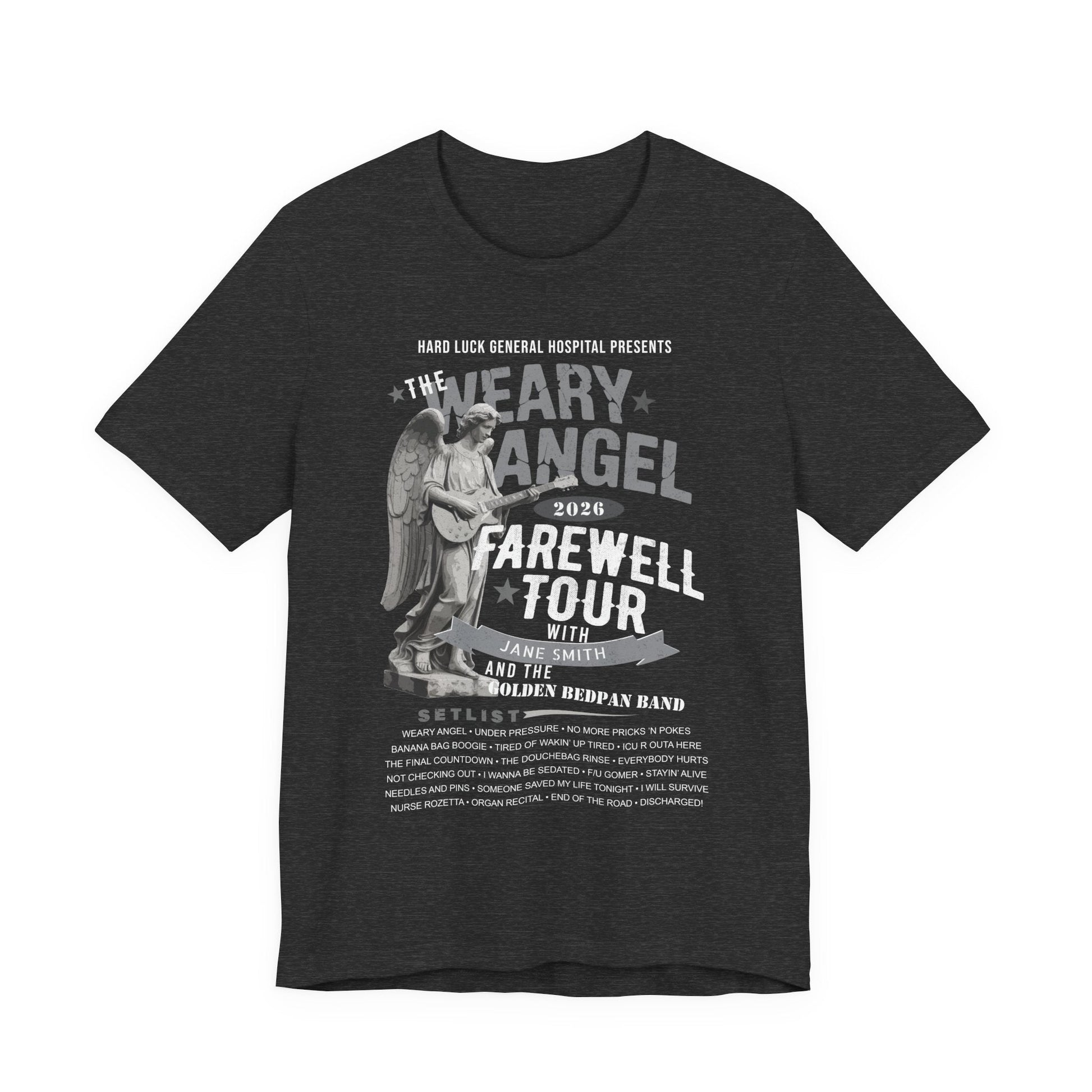 Personalized Nurse Retirement FAREWELL TOUR T-Shirt, Weary Angel Funny Rock-themed Music Fan Gift, Custom Shirt for Health Care Retiree AnywherePOD