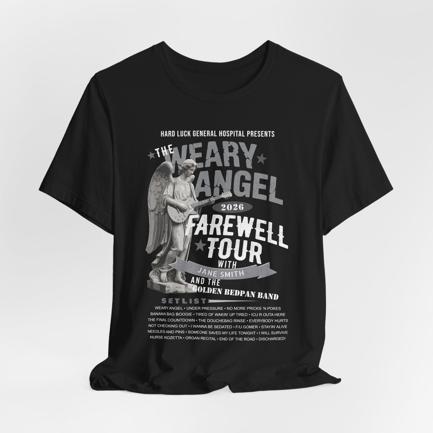 Personalized Nurse Retirement FAREWELL TOUR T-Shirt, Weary Angel Funny Rock-themed Music Fan Gift, Custom Shirt for Health Care Retiree AnywherePOD