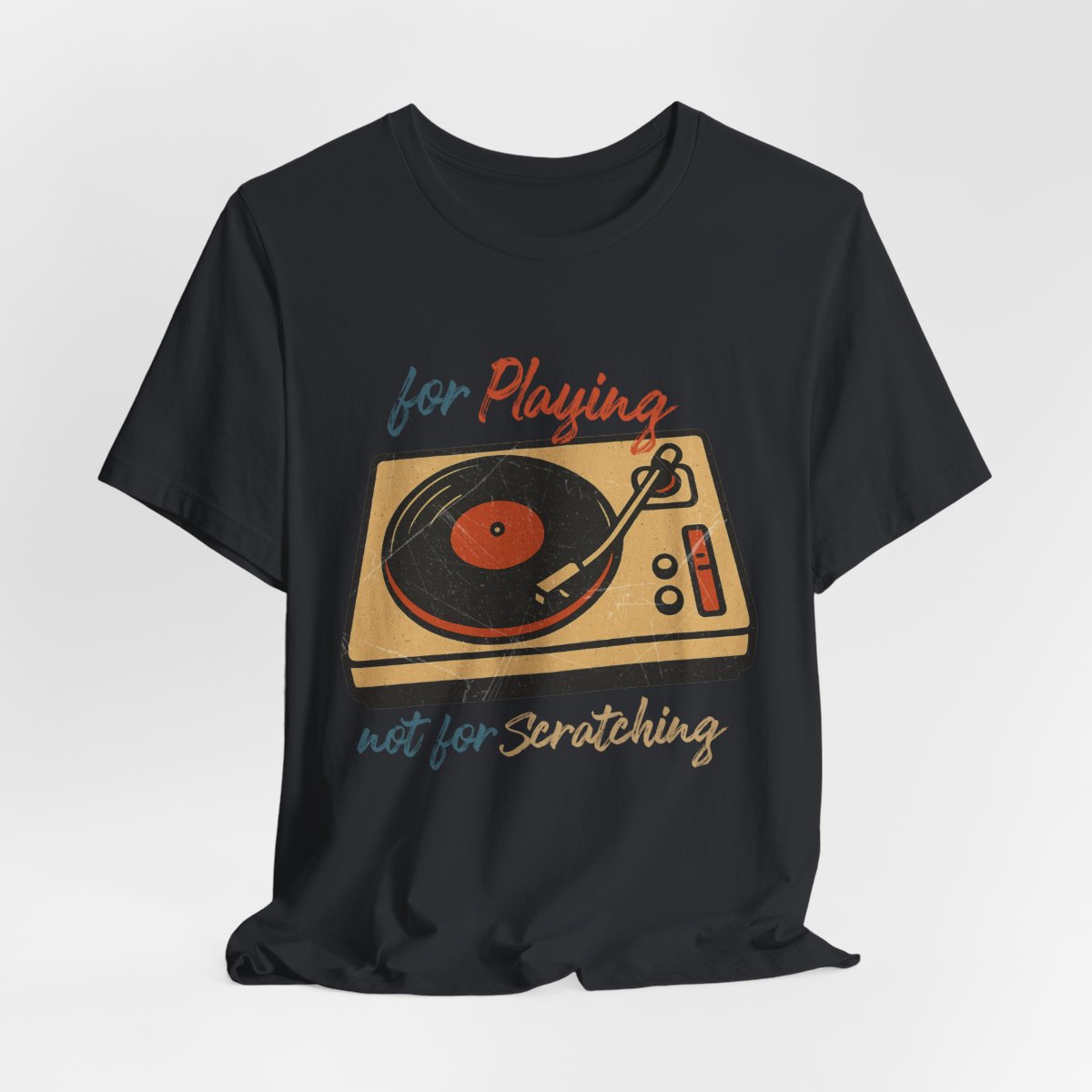 Black t-shirt with a graphic of a turntable and text on a white background