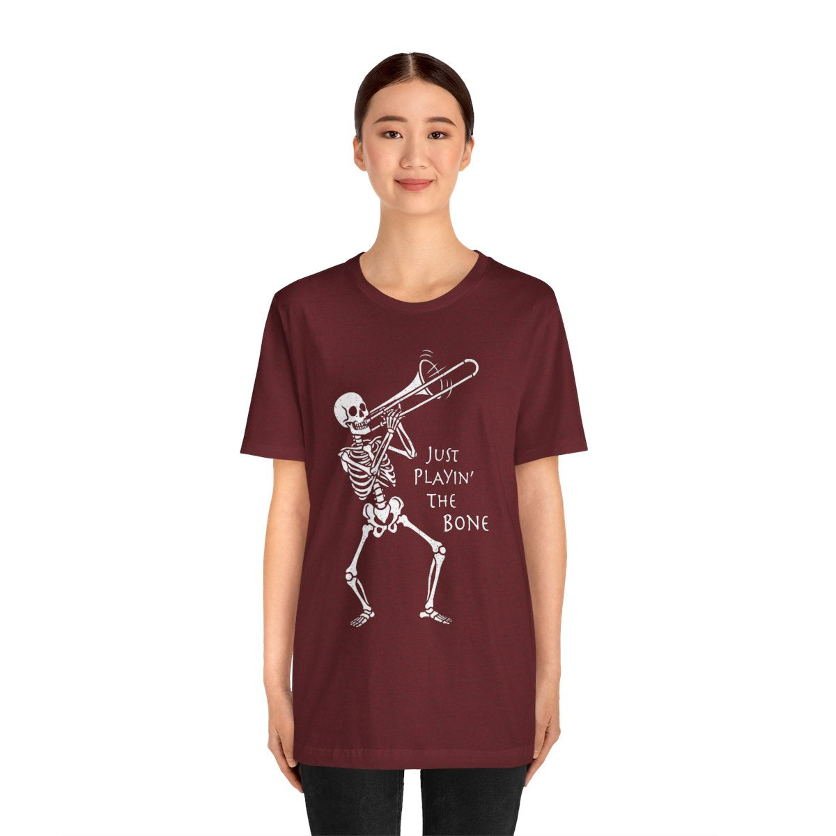 Trombone Playing Skeleton T-shirt, Music Fan Halloween Tee, Funny Jazz Trick or Treat Top