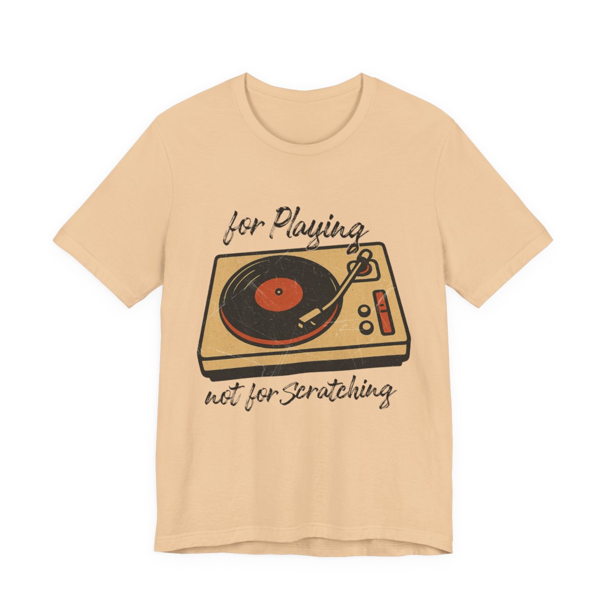 Beige t-shirt with a graphic of a record player and text on a white background