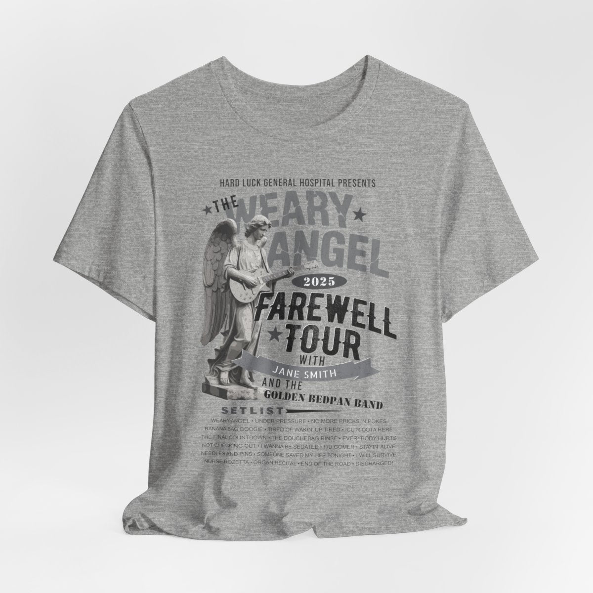 Personalized Nurse Retirement FAREWELL TOUR T-Shirt, Weary Angel Funny Rock-themed Music Fan Gift, Custom Shirt for Health Care Retiree