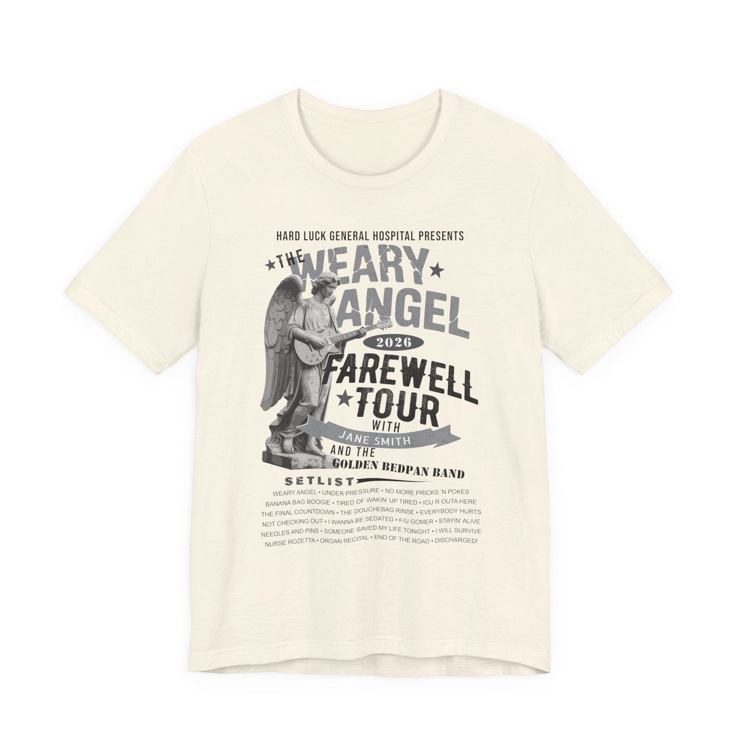 Personalized Nurse Retirement FAREWELL TOUR T-Shirt, Weary Angel Funny Rock-themed Music Fan Gift, Custom Shirt for Health Care Retiree AnywherePOD