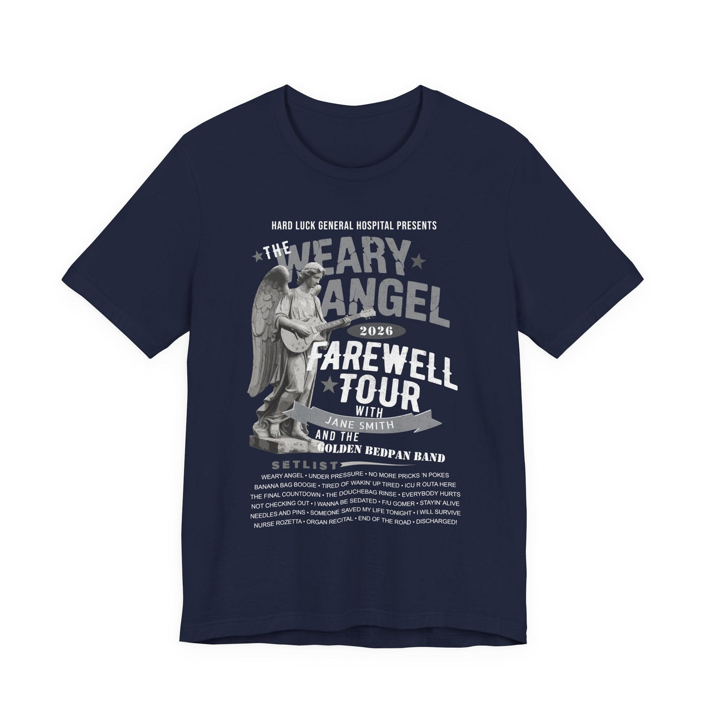 Personalized Nurse Retirement FAREWELL TOUR T-Shirt, Weary Angel Funny Rock-themed Music Fan Gift, Custom Shirt for Health Care Retiree AnywherePOD