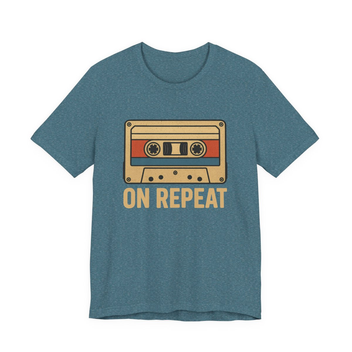 Teal Blue heather t-shirt with a cassette tape graphic and 'ON REPEAT' text on a white background