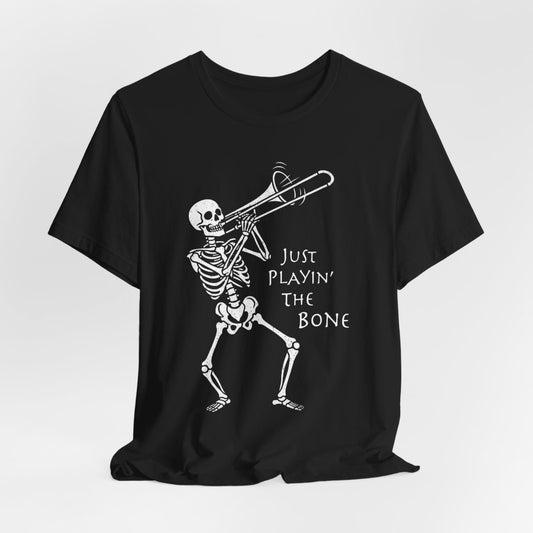 Trombone Playing Skeleton T-shirt, Music Fan Halloween Tee, Funny Jazz Trick or Treat Top