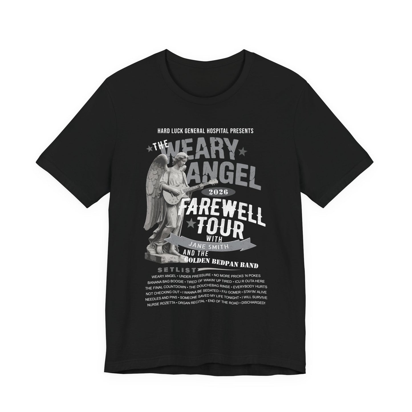 Personalized Nurse Retirement FAREWELL TOUR T-Shirt, Weary Angel Funny Rock-themed Music Fan Gift, Custom Shirt for Health Care Retiree AnywherePOD