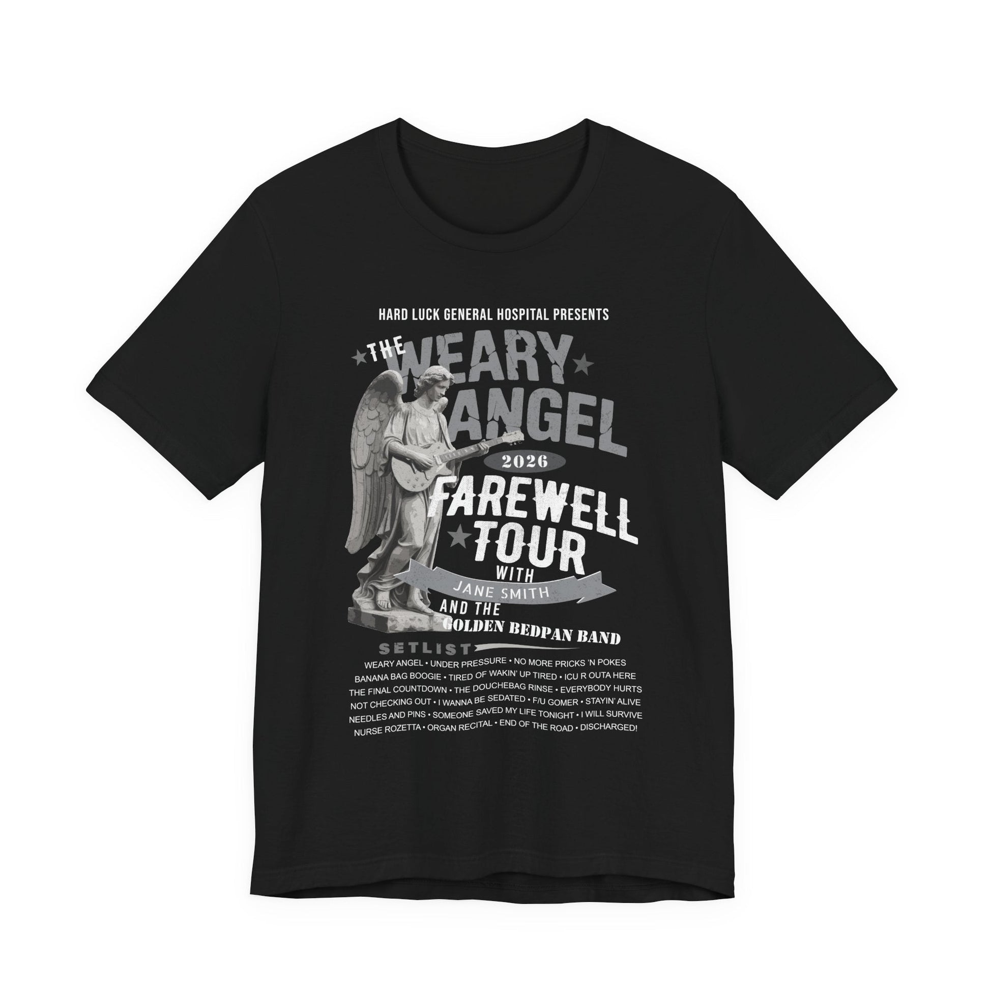 Personalized Nurse Retirement FAREWELL TOUR T-Shirt, Weary Angel Funny Rock-themed Music Fan Gift, Custom Shirt for Health Care Retiree AnywherePOD