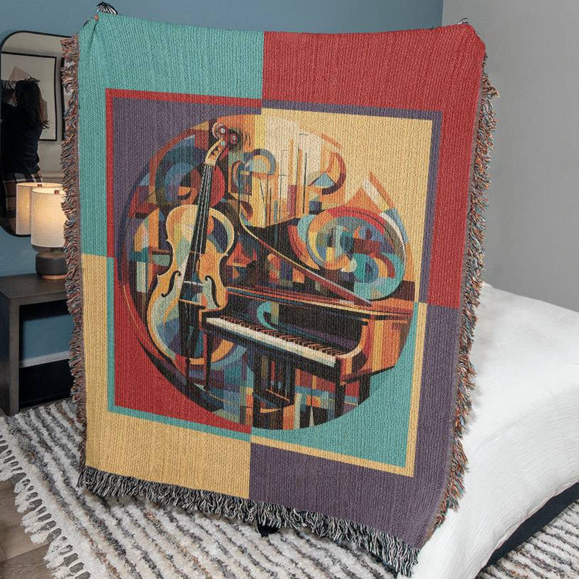 Colors Of Music Heirloom Woven Blanket, Cubism Style Cello/Piano Artwork, Gift for Music Lovers
