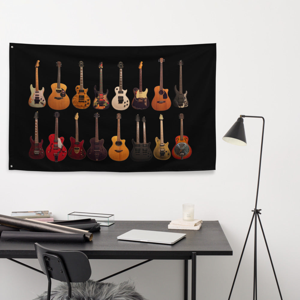 Custom Guitar Collection on a Flag (56" x 34.5", 16 Guitar Images)