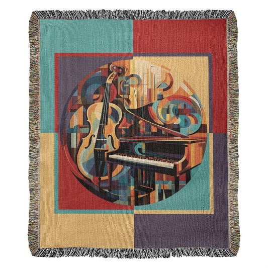 Colors Of Music Heirloom Woven Blanket, Cubism Style Cello/Piano Artwork, Gift for Music Lovers